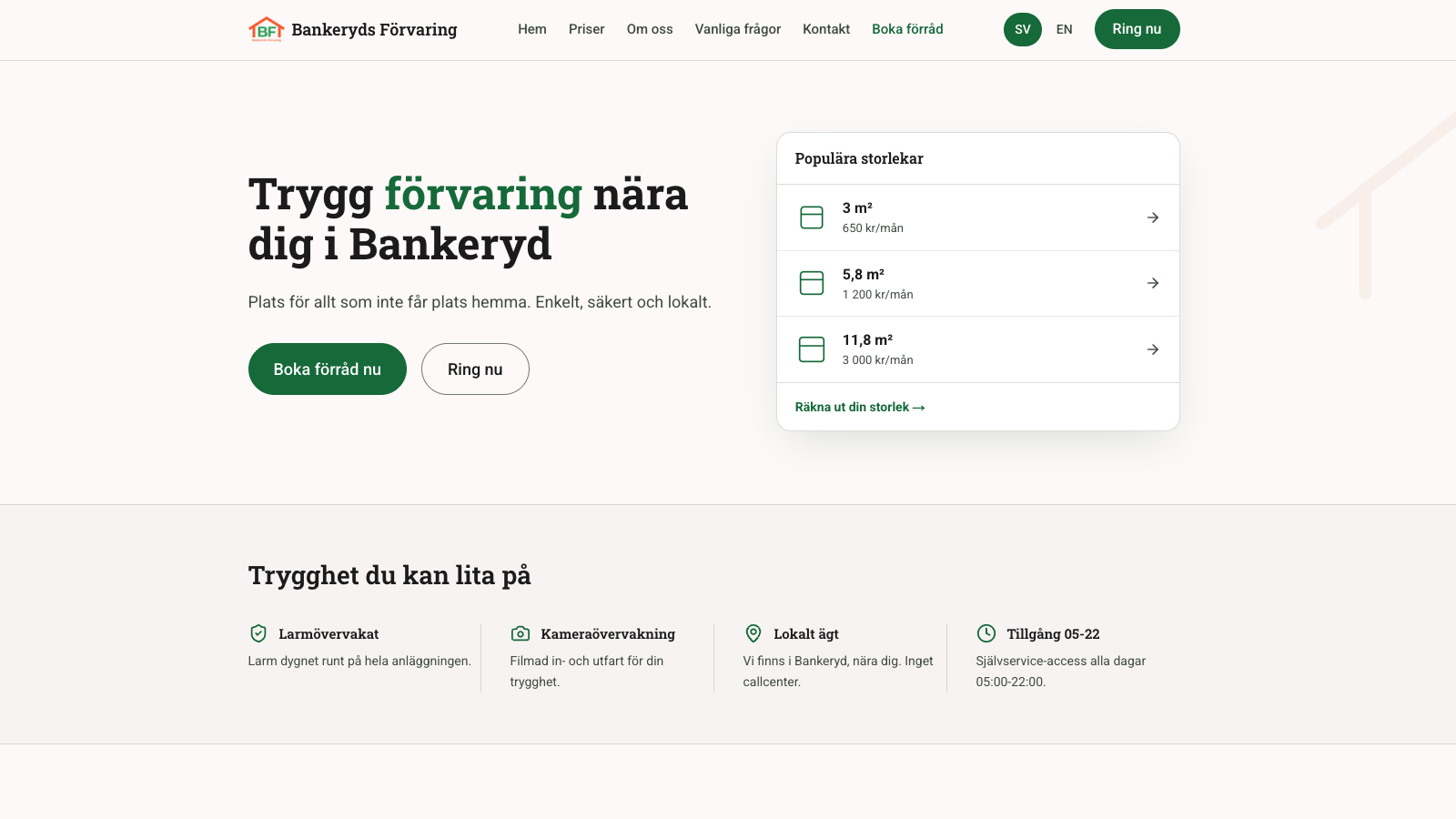 Startsidan för Bankeryds Förvaring.
