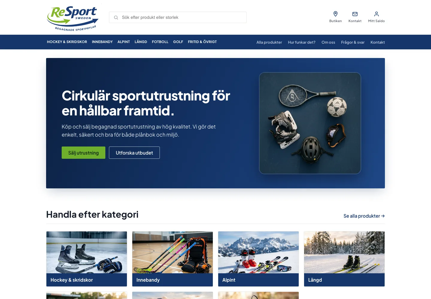 Resport Swedens startsida med kategorier för begagnad sportutrustning.